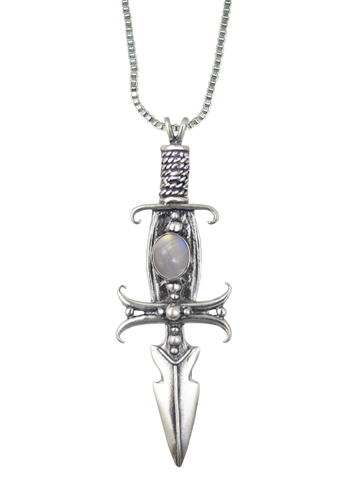 Sterling Silver Deathmaker Knife Dagger Pendant With Rainbow Moonstone